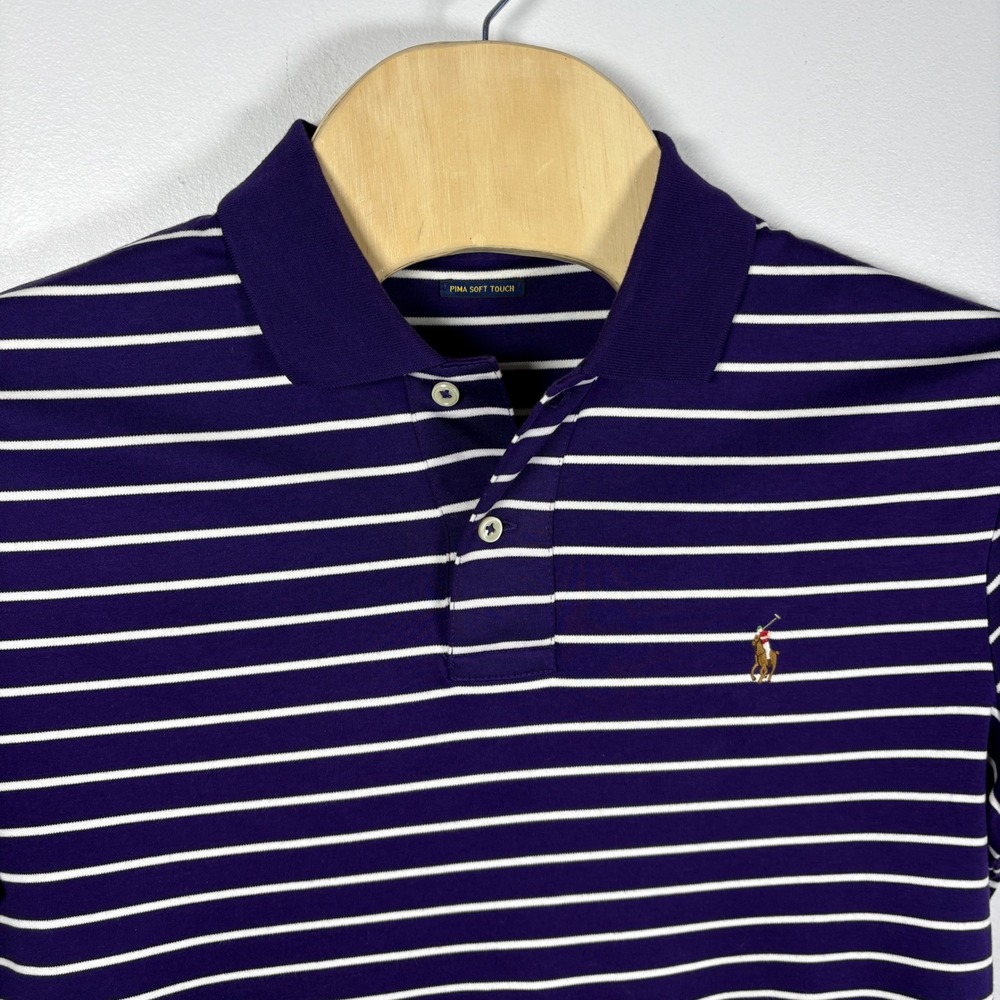 Polo Ralph Lauren Mens Pima Soft Touch Striped Polo Shirt Purple White Size M
